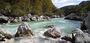 Panoramic view of turquoise Soca river, Soca Valley near Bovec, Triglav National Park Panoramic view of turquoise Soca river, Soca Valley near Bovec, Triglav National Park
