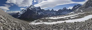 Panoramic view of the valley of the Cordillera del Paine mountains, French Valley Panoramic view of the valley of the Cordillera del Paine mountains, French Valley
