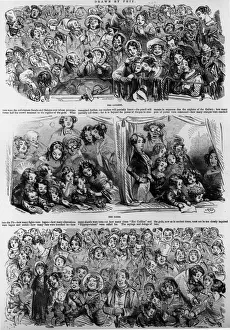 <b class=qtipBold><figcaption>Pantomime Audience</figcaption></b><br>8th January 1848: The audience for a pantomime, ranging from a beerswilling old woman in the gallery, to a 'superior' young man and a family in a box and a mixed group in the pit. There are comments about the types of audinece under each illustration. Original Publication: Illustrated London News - pub. 1848 Illustration - Phiz (Photo by Rischgitz/Getty Images)<br><em>© This content is subject to copyright.</em> Pantomime Audience
