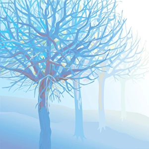 Pastel Blue Trees and Branches in Foggy Landscape Illustration Pastel Blue Trees and Branches in Foggy Landscape Illustration