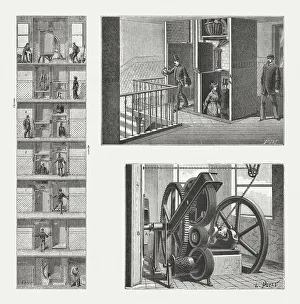 Paternoster lift, usage and drive wheels, wood engravings, published 1888 Paternoster lift, usage and drive wheels, wood engravings, published 1888