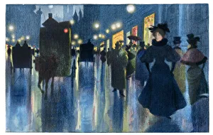People walking in Munich under first artificial illumination art nouveau 1897 People walking in Munich under first artificial illumination art nouveau 1897