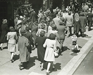 People walking on street, (B&W), elevated view People walking on street, (B&W), elevated view