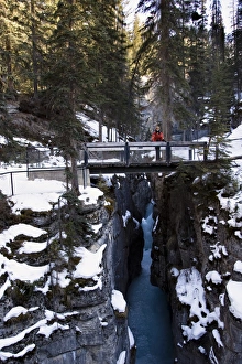 Person standing on a bridge, Maligne Canyon, Jasper National Park, Alberta, Canada Person standing on a bridge, Maligne Canyon, Jasper National Park, Alberta, Canada