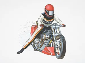 Person wearing a helmet and riding outfit speeding ahead on motorcycle, front view Person wearing a helmet and riding outfit speeding ahead on motorcycle, front view