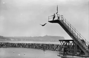 Prints of circa 1929: Crowds watching the platform diving at Scarborough, Yorkshire. (Photo by Alfred Hind Robinson/A H Robinson/Getty Images) Alfred Prints: Platform Diving Print, Scarborough 1929