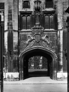 Cambridge Prints: Christ's College Print circa 1930, depicting the college gateway and crest