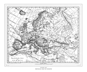 Physical Map of Europe Engraving Antique Illustration, Published 1851 Physical Map of Europe Engraving Antique Illustration, Published 1851