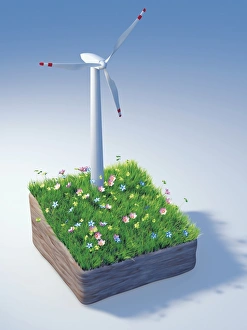 Piece of land with a wind turbine and a flowering meadow, illustration Piece of land with a wind turbine and a flowering meadow, illustration