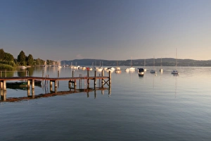 Pier with buoys in Dingelsdorf on Lake Constance, Baden-Wuerttemberg, Germany, Europe Pier with buoys in Dingelsdorf on Lake Constance, Baden-Wuerttemberg, Germany, Europe