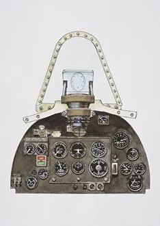 Pilots controls, switches and dials in aeroplane cockpit, front view Pilots controls, switches and dials in aeroplane cockpit, front view