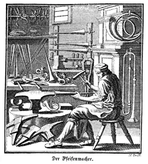 The pipe maker, organ pipes, copper engraving, Regensburger Staendebuch, 1698, Christoph The pipe maker, organ pipes, copper engraving, Regensburger Staendebuch, 1698, Christoph