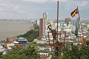Pirate figure on Cerro Santa Ana looking on Malecon Simon Bolivar with a telescope Pirate figure on Cerro Santa Ana looking on Malecon Simon Bolivar with a telescope