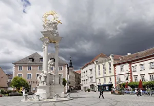 Plague column, Holy Trinity column, Dreifaltigkeitsplatz square, Krems an der Donau, Wachau, Lower Austria, Austria Plague column, Holy Trinity column, Dreifaltigkeitsplatz square, Krems an der Donau, Wachau, Lower Austria, Austria
