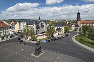Platz der Demokratie square with Carl August monument, at the center study center of the Duchess Anna Amalia Library Platz der Demokratie square with Carl August monument, at the center study center of the Duchess Anna Amalia Library