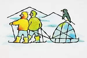 Images Dated 17th February 2007: Polar explorers in Arctic setting, with penguin sitting on igloo tent pulled by men