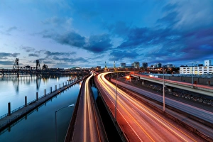 Portland Light Freeway Light Trails along Willamette River Portland Light Freeway Light Trails along Willamette River