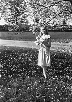 Portrait of young woman standing under magnolia tree in park Portrait of young woman standing under magnolia tree in park