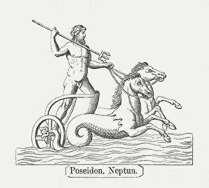 Poseidon, or Neptune, Greek Roman mythology, wood engraving, published 1878 Poseidon, or Neptune, Greek Roman mythology, wood engraving, published 1878