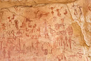 Prehistoric rock drawings in the Tadrart Valley, Akakus Mountains, Libyan Desert, Libya Prehistoric rock drawings in the Tadrart Valley, Akakus Mountains, Libyan Desert, Libya