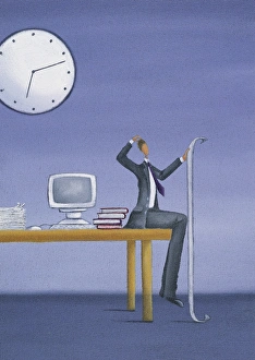Puzzled Businessman Sitting at the Edge of a Desk Holding a Long Piece of Paper Puzzled Businessman Sitting at the Edge of a Desk Holding a Long Piece of Paper