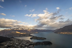 Queenstown on Lake Wakatipu and The Remarkables mountain range at sunset, Otago Region Queenstown on Lake Wakatipu and The Remarkables mountain range at sunset, Otago Region