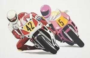Accelerating Gallery: Two racers wearing helmets and knee sliders leaning sideways while riding motorbikes, front view