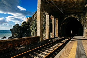 Railroad station platform of Riomaggiore village in Cinque Terre National Park, Liguria Railroad station platform of Riomaggiore village in Cinque Terre National Park, Liguria