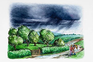 Rainstorm above rural landscape, two people walking with umbrella