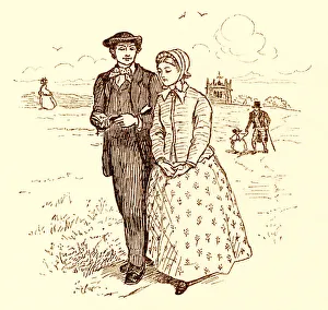 Randolph Caldecott illustration - young Victorian couple walking Randolph Caldecott illustration - young Victorian couple walking