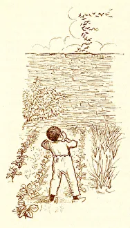 Randolph Caldecott sketch of a small Victorian boy scaring birds Randolph Caldecott sketch of a small Victorian boy scaring birds