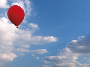 Red balloon against blue sky with clouds, illustration Red balloon against blue sky with clouds, illustration