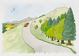 Red car ascending narrow country road on hill, flock of birds flying overhead Red car ascending narrow country road on hill, flock of birds flying overhead