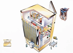 Refrigerator, cross-section, elevated view Refrigerator, cross-section, elevated view