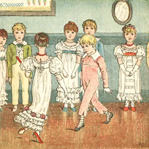 <b class=qtipBold><figcaption>Regency style children dancing</figcaption></b><br>A group of serious-faced children dressed in Regency style clothing who are learning a formal dance. The small boy in red doesnat look too pleased about it but his mother says heall be thankful when heas older. From aKate Greenawayas Birthday Book for Childrena with illustrations by Catherine aKatea Greenaway (1846-1901) and verses by Mrs Sale Barker. Printed by Edmund Evans and published by George Routledge & Sons, London, 1880.<br><em>© Digitally restored by Linda Steward - Copyright Linda Steward</em> Regency style children dancing