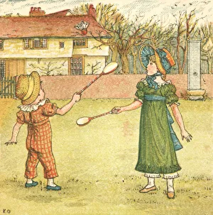 Regency style children playing shuttlecock and battledore on a village green Regency style children playing shuttlecock and battledore on a village green