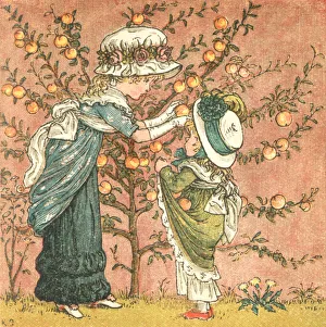 Regency style girls picking peaches in a summer garden Regency style girls picking peaches in a summer garden
