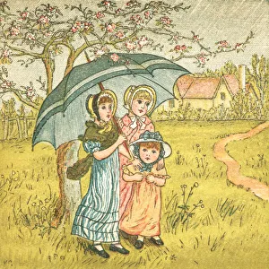 Three Regency style girls sheltering from April showers Three Regency style girls sheltering from April showers