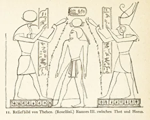 relief sculpture of Ramses III with inbetween Thoth and Horus relief sculpture of Ramses III with inbetween Thoth and Horus
