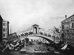 <b class=qtipBold><figcaption>Rialto Bridge</figcaption></b><br>The Rialto Bridge in Venice, circa 1735. A painting by Giovanni Antonio Canal, aka Canaletto. (Photo by Hulton Archive/Getty Images)<br><em>© 2006 Getty Images</em> Rialto Bridge