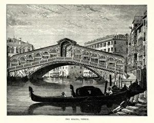 <b class=qtipBold><figcaption>Rialto Bridge, Venice, 19th Century</figcaption></b><br>Vintage engraving of Rialto Bridge, Venice, 19th Century. The Rialto Bridge (Italian: Ponte di Rialto; Venetian: Ponte de Rialto) is one of the four bridges spanning the Grand Canal in Venice, Italy.<br><em>© Copyright of Duncan P Walker</em> Rialto Bridge, Venice, 19th Century