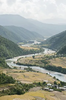 River landscape, river meandering through a valley, near Punakha, the Himalayas, Bhutan River landscape, river meandering through a valley, near Punakha, the Himalayas, Bhutan