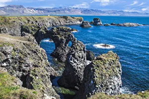 Rock formations of west coast, Arnarstapi, Snaefellsjokull, Snaefellsnes Peninsula, Iceland Rock formations of west coast, Arnarstapi, Snaefellsjokull, Snaefellsnes Peninsula, Iceland