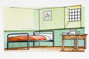 Room furnished with single bed and small table Room furnished with single bed and small table