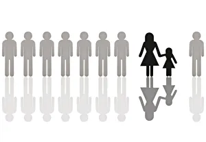 Row of grey male pictogram figures with a single black female figure with a child Row of grey male pictogram figures with a single black female figure with a child