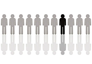 Row of grey pictogram figures with a single black figure, symbolic image for an outsider Row of grey pictogram figures with a single black figure, symbolic image for an outsider