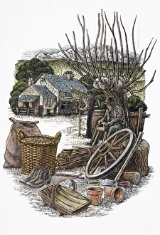 Rural scene, with old man sitting in farmyard Rural scene, with old man sitting in farmyard