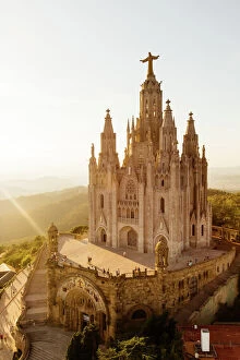 Temple Building Collection: Sagrat Cor church at Tibidabo mountain at sunset, Barcelona, Catalonia, Spain