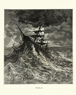 Sailing ship riding giant waves in a storm Sailing ship riding giant waves in a storm
