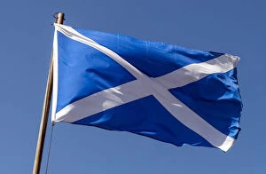 Images Dated 25th August 2014: The Saltire, Scottish flag, flying against a blue sky, Oban, Scotland, United Kingdom